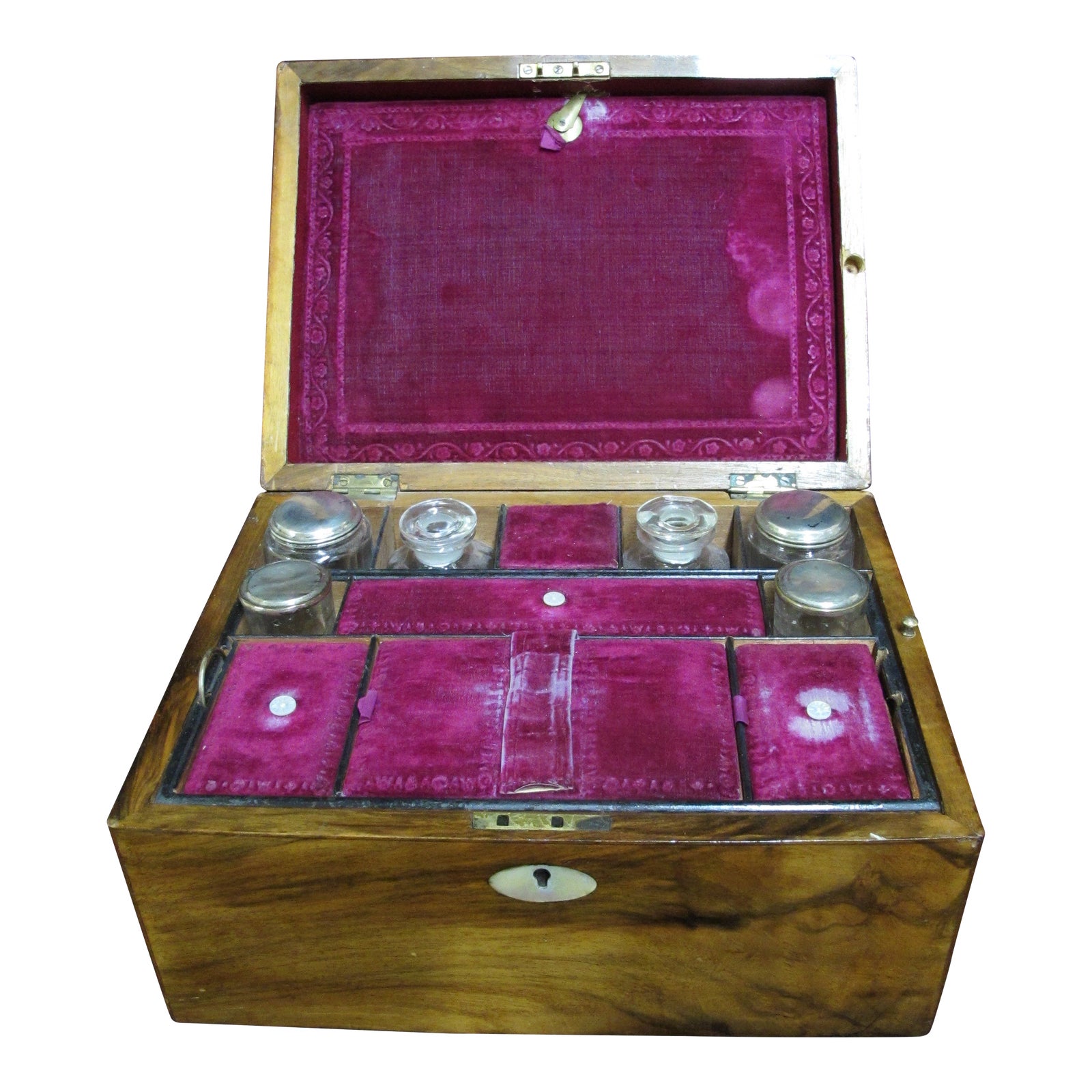 Antique Victorian Mother of Pearl & Wood Vanity Jewelry Box With Glass