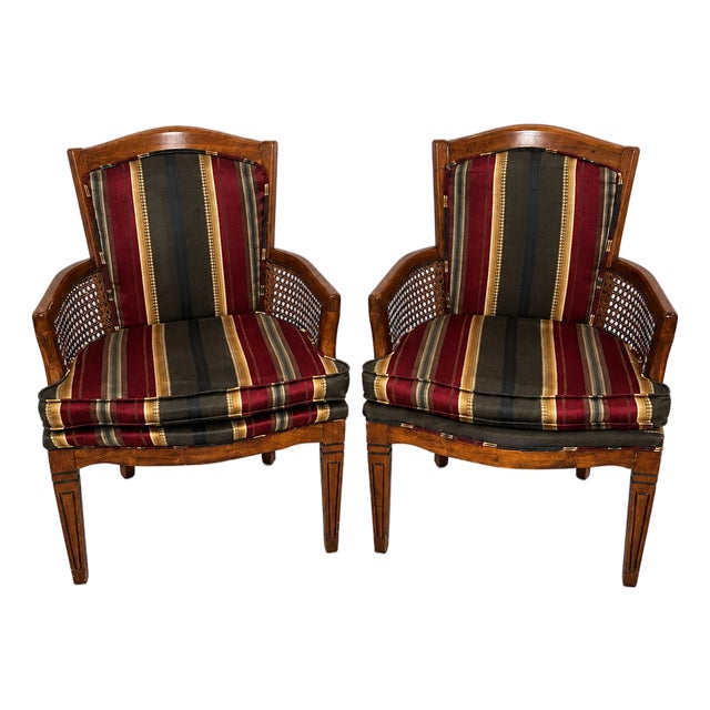 Vintage French Provincial Cane and Striped Upholstered Armchairs — Pair For Sale