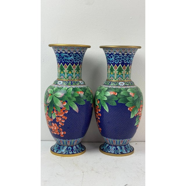 Red Pair of Chinese Cloisonne Enamel Vases Blue Ground With Red Berries For Sale - Image 8 of 12