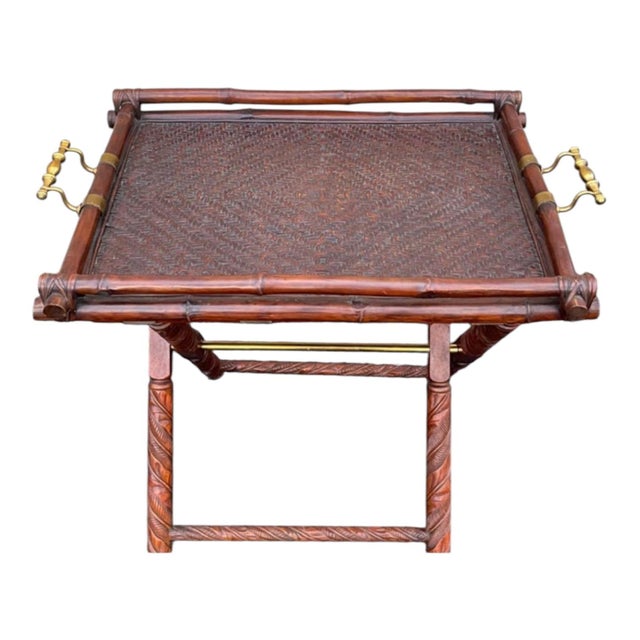 English Ralph Lauren British Colonial Style Faux Bamboo & Brass Tray Table / Bar For Sale - Image 3 of 5
