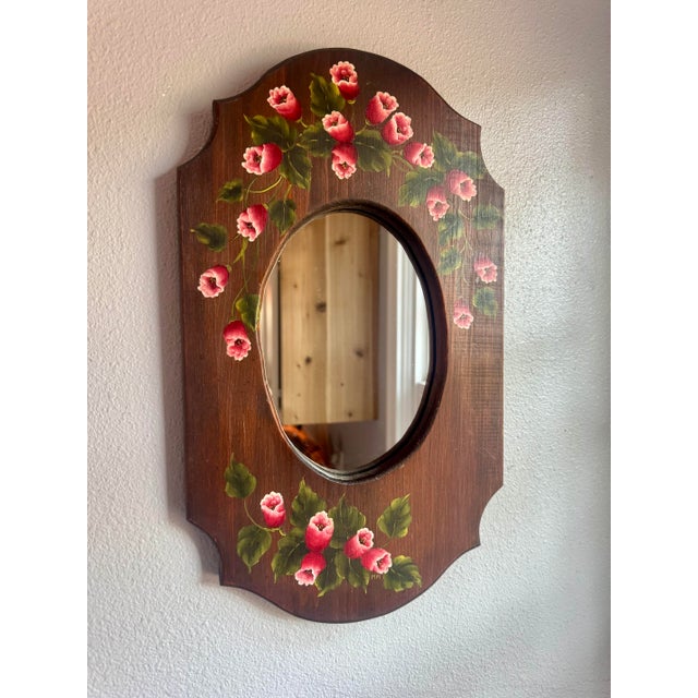 Rustic Vintage Hand Painted Floral Wood Wall Mirror Folk Art Pink Flowers For Sale - Image 3 of 9