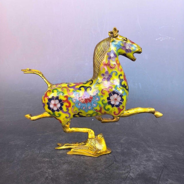 Late 19th Century Cloisonné Enamel Galloping Horse Statue on Swallow Base, 980g For Sale In Los Angeles - Image 6 of 9