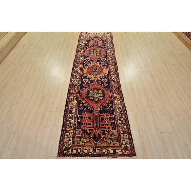 Farmhouse Karajeh Runner 3’3” X 10’9” Blue Wool Semi-Antique Tribal Hand-Knotted Rug For Sale - Image 3 of 14
