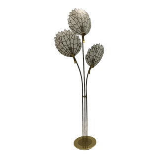 1960s Oscar Torlasco for Stilkronen Italian Brass Bamboo Floor Lamp With Mica Leaf Capiz Shades For Sale