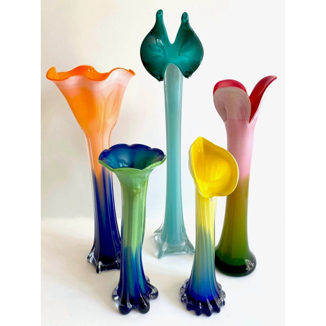 Vintage 1990's Post Modern Hand Blown Art Glass Multicolor Ombre Flowers Contemporary Vases - Set of 5 For Sale - Image 13 of 13
