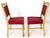 An understated and well made set of 4 Danish mid century modern dining chairs. Carved oak frames and a subtle red striped...