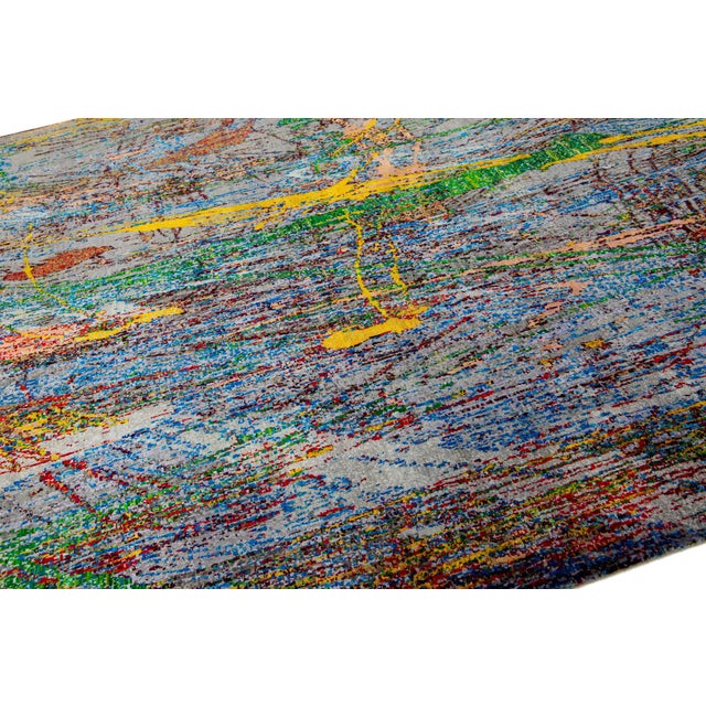 10 X 14 Contemporary Wool and Silk Rug With Multicolored Abstract Design For Sale - Image 9 of 9