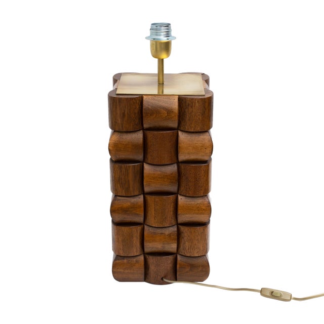 Mid-Century Modern Sculptural Teak and Brass Table Lamps, Italy, 2000, Set of 2 For Sale - Image 3 of 7