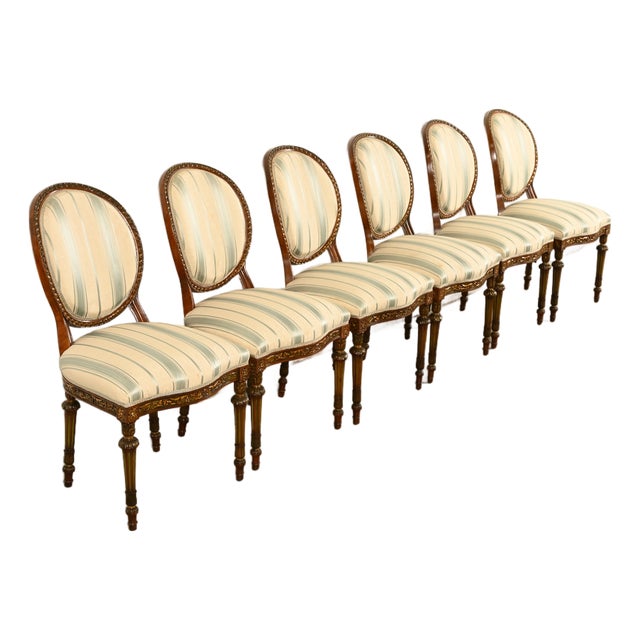 Karges Style French Regency Louis XVI Carved Mahogany and Gold Gilt Dining Chairs, Set of Six For Sale