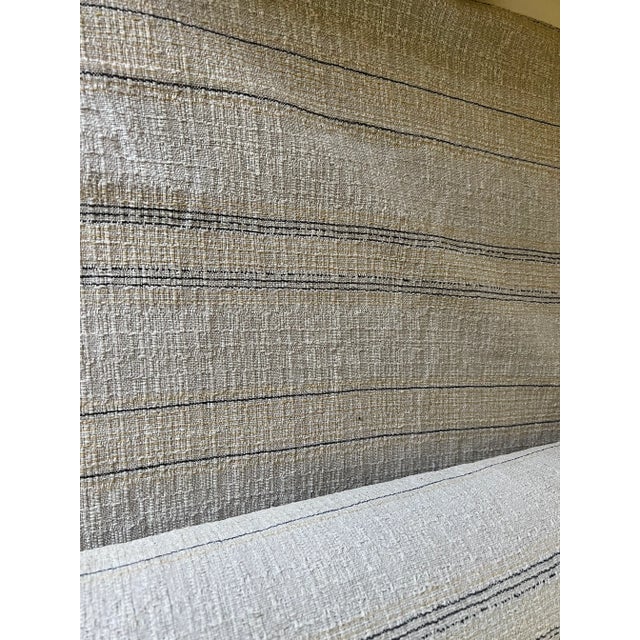 Vintage Ralph Lauren oatmeal colored tweed stripe fabric. 56" width. Linen blend. Ink blue and yellow stripes. 9 yards.