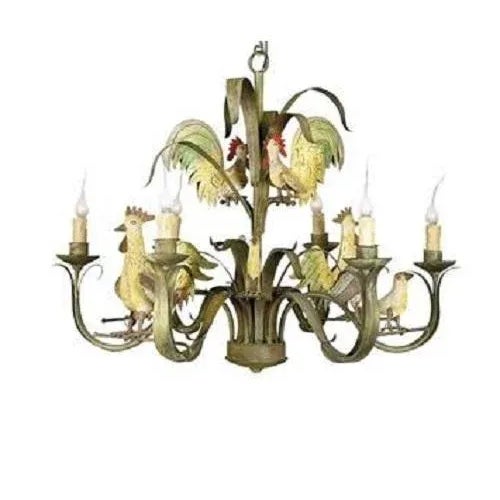 Tole Rooster 6 Arm 24" Chandeler measures 24 inch diameter by 26" inches high. Shades included.