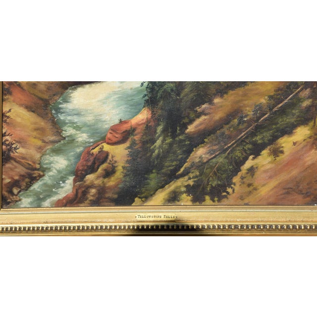Textile Yellowstone Falls Landscape - Original Turn of the Century Oil Painting For Sale - Image 7 of 7