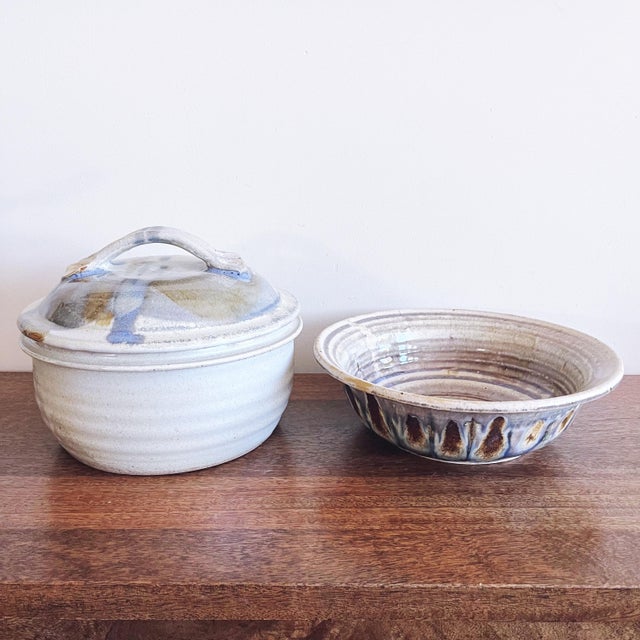 Vintage pair of wheel-thrown stoneware pottery soup tureen and large bowl. They are both signed by Texas ceramic artist...