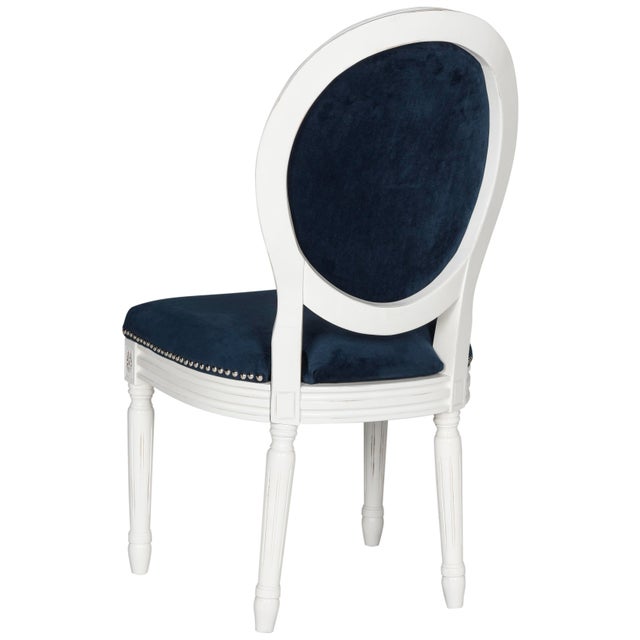 2020s 19''H French Brasserie Velvet Oval Side Chair With Silver Nailheads in Navy & Cream - a Pair For Sale - Image 5 of 7