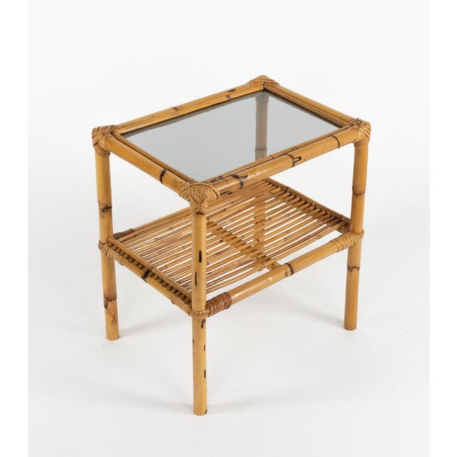 Mid-Century Side Tables in Rattan, Bamboo and Smoked Glass, Italy, 1970s, Set of 2 For Sale - Image 8 of 13
