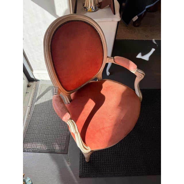 French Vintage Louis XVI Style French Salmon Suede Chair For Sale - Image 3 of 8