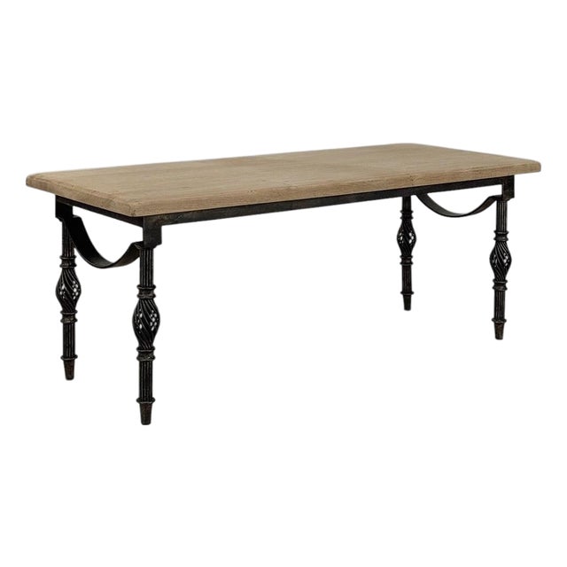 Antique Country French Stripped Oak and Hand Forged Iron Coffee Table For Sale