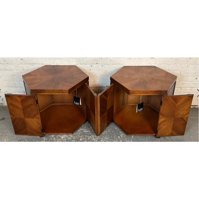 Lane Furniture Pair of Lane Furniture Hexagonal Mid-Century Walnut Side Tables For Sale - Image 4 of 15