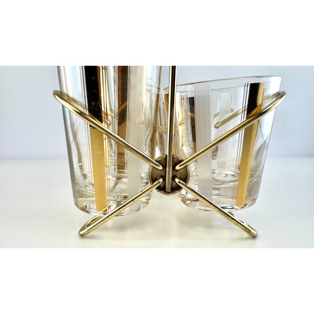 Mid-Century Modern 1960s Mid-Century Modern Gold & Frosted Stripe Cocktail Glass Barware Caddy, Set of 8 For Sale - Image 3 of 9