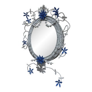 Hand Beaded Oval Mirror With Wired Floral Embellishments For Sale