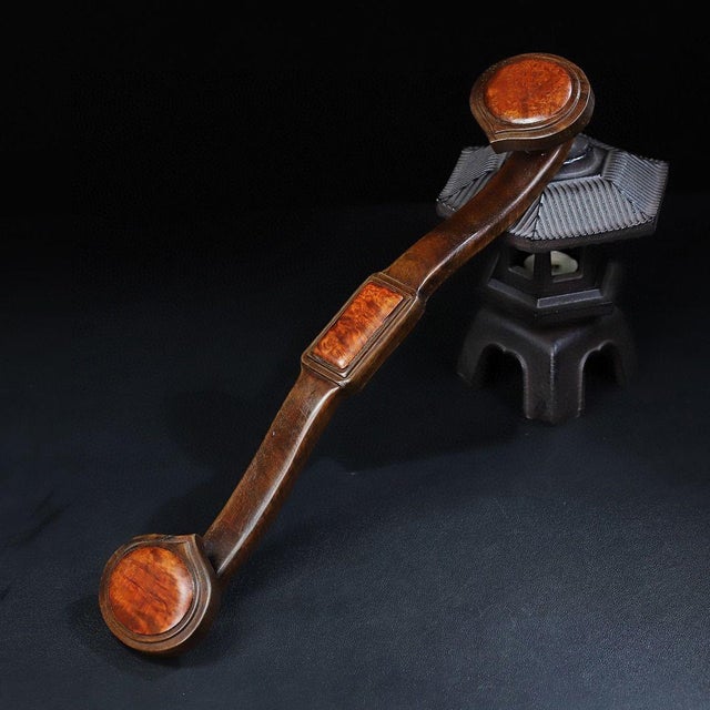 Chinese Vintage Chinese Huali Rosewood Ruyi Scepter | Burl Wood Inlaid Scholar's Object For Sale - Image 3 of 9