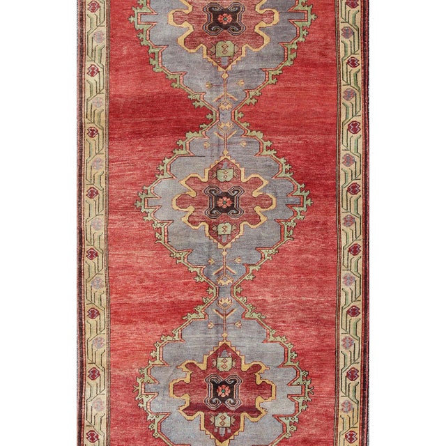 Mid 20th Century Vintage Turkish Oushak Rug With Three Large Medallions 5'2'' X 12'10" For Sale - Image 5 of 8
