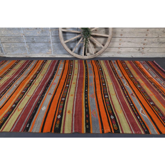 Tribal Vintage Turkish Oushak Handmade Cotton Orange Wool Kilim Area Rug For Sale - Image 3 of 10