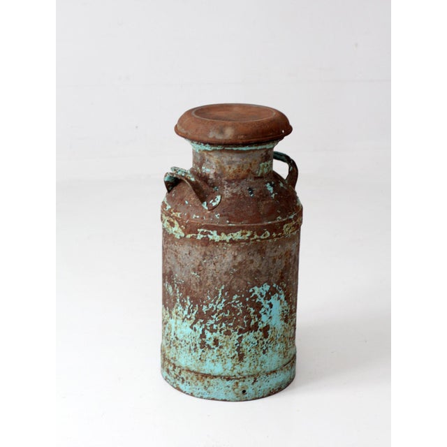 Early 20th Century Antique Turquoise Painted Metal Milk Can For Sale - Image 5 of 18
