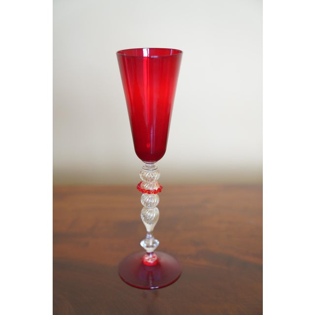 Ruby Red Mid 20th Century Italian Ruby Red Murano-Style Art Glass Flute With Twisted Gold Aventurine Stem For Sale - Image 8 of 8