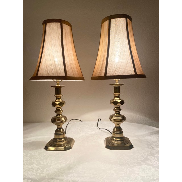 Solid Brass Mid 20th Century Uniquely Intricate Candlestick Style Pair of Lamps Excellent Condition. For Sale - Image 9 of 12