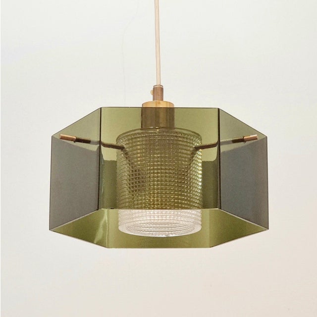 Orrefors Mid-Century Modern Scandinavian Glass and Brass Pendant Light by Carl Fagerlund for Orrefors, Sweden, 1960s For Sale - Image 4 of 10
