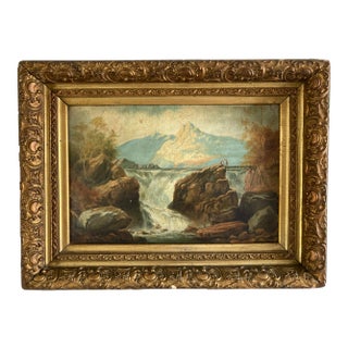 Early 19th Century Waterfall Landscape Oil Painting, Framed For Sale