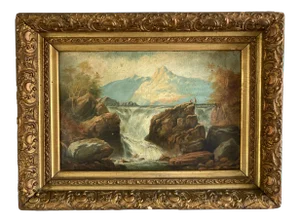Early 19th Century Waterfall Landscape Oil Painting, Framed