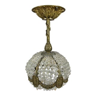 Antique French Ceiling Lamp Light / Small Chandelier, Bronze With Glass Beads For Sale