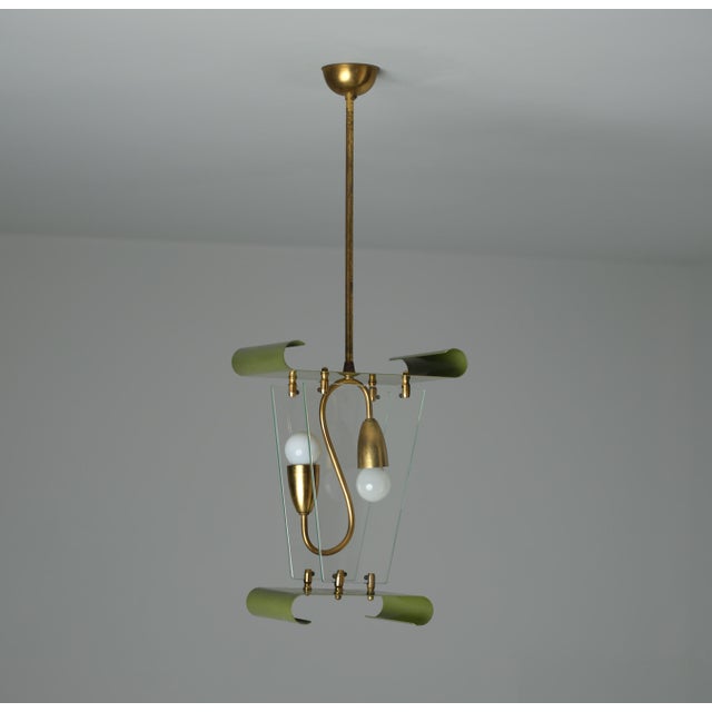 Mid-Century Modern Italian Pendant Lamp in Brass and Green Lacquered Metal, 1950s For Sale - Image 9 of 9