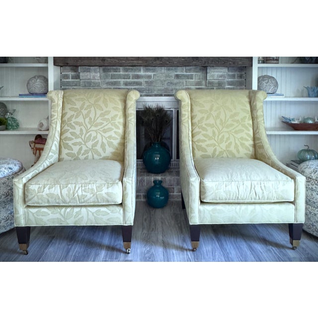 Transitional Custom Pair Pearson Wingback Jacquard Leaf Vine Transitional Chairs For Sale - Image 3 of 15
