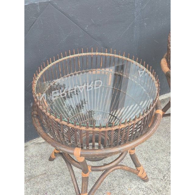Boho Chic pair of Japanses fish traps now stands handcrafted in bamboo and rattan with glass tops .
