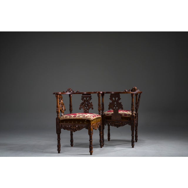 Wood 19th Century Italian Renaissance Style Carved Walnut Corner Chairs, Set of 2 For Sale - Image 7 of 18