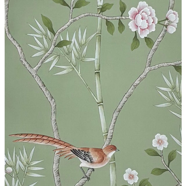 Not Yet Made - Made To Order Chinoiserie Hand-Painted Wallpaper Panels, Soft Sage Green Background With Floral & Bird Mural, Set of 5 For Sale - Image 5 of 5