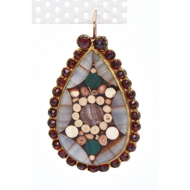 Victorian Vintage Inlay Agate, Quartz, Stone Garnets Dangle Drop Pierced Earrings 1950's Pair Of For Sale - Image 3 of 8