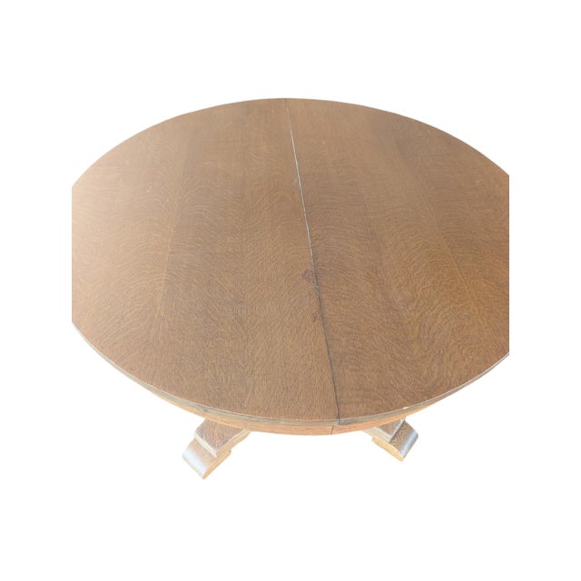 Early 20th Century Antique Quarter Sawn Oak Pedestal Dining Table | Tiger Extension Table For Sale - Image 5 of 17