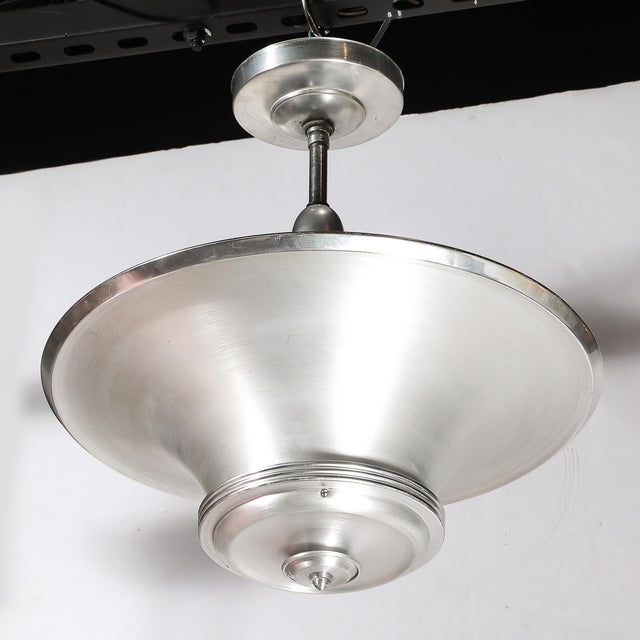 Silver 1930s Art Deco Machine Age Brushed Aluminum Pendant Chandelier Signed Edwin Guff For Sale - Image 8 of 14