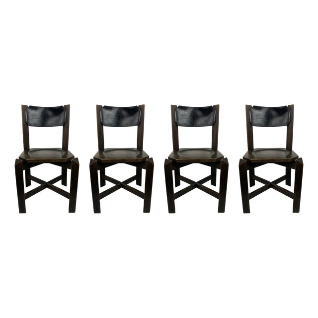 Brutalist Architectural Dining Chairs in Beech Wood, 1970s, Set of 4 For Sale
