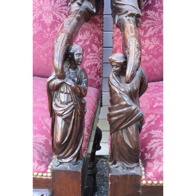 Rare Set of 4 Antique Baroque Walnut Italian Armchairs Carved Figures Andrea Brustolon Style For Sale - Image 13 of 14