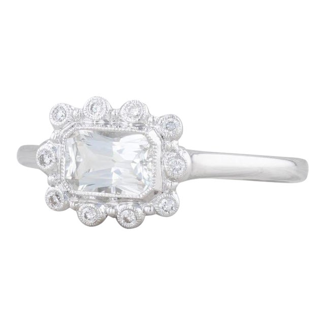 New Beverley K 0.84ctw Sapphire Diamond Halo Ring 18k White Gold Size 6.75 For Sale