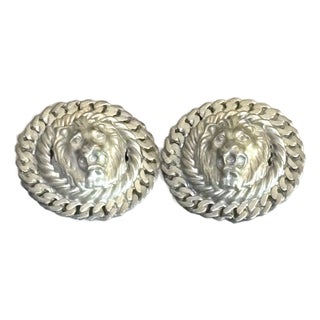 1980s-90s Silver Tone Lion Head Earrings For Sale