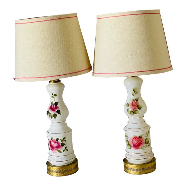 Pair of 1910s Victorian Milk Glass Lamps With Roses For Sale