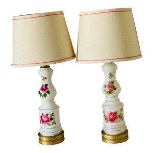 Pair of 1910s Victorian Milk Glass Lamps With Roses