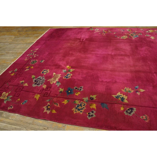 Textile 1920s Bright Pink Floral Modern Antique Chinese Deco Rug 8' 10" X 11' 6" Knotted For Sale - Image 7 of 9