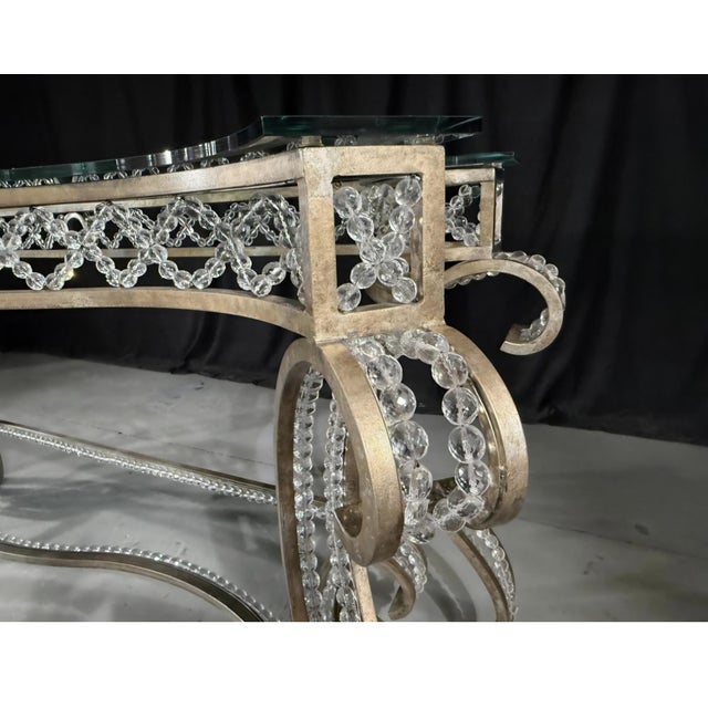 Late 20th Century Hollywood Regency Iron Glass Top Console Table With Scrollwork Legs and Crystal Beading For Sale - Image 5 of 10